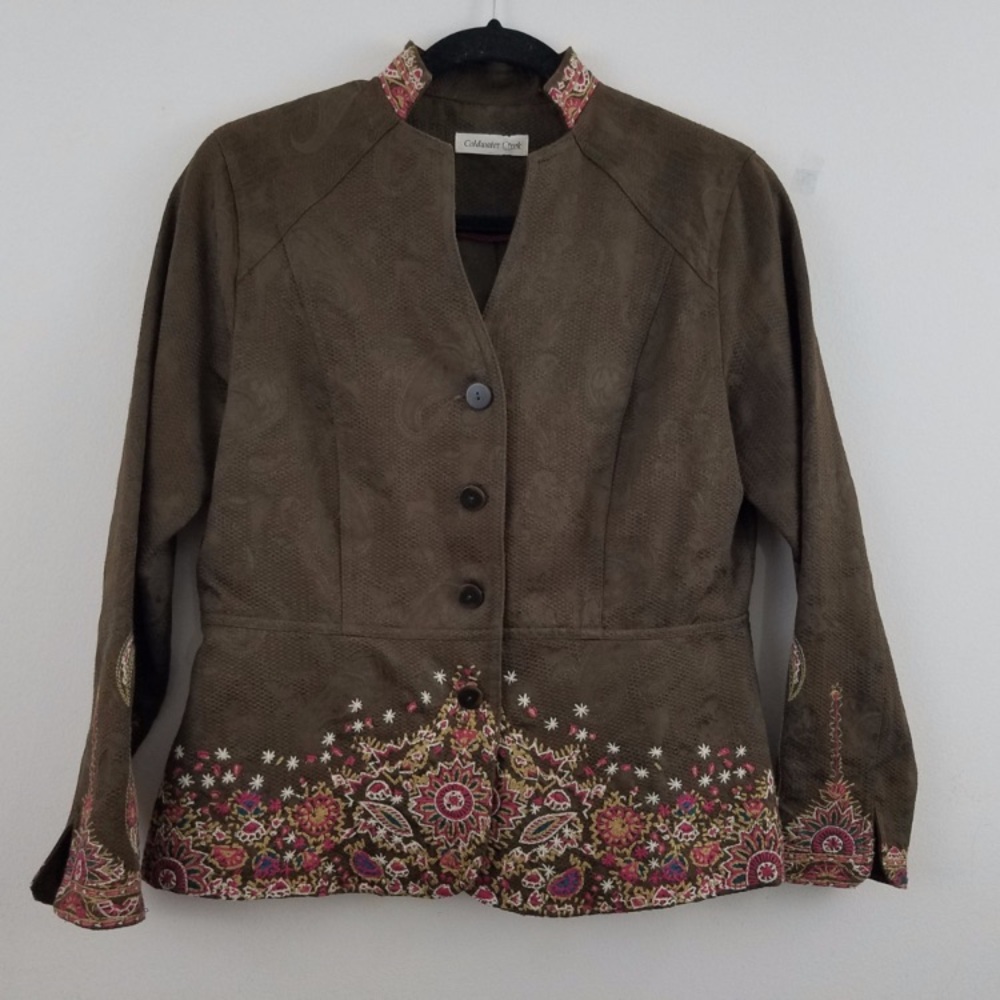 Boho COLDWATER CREEK Jacket Colorful Paisley Floral Embroidery Brown 8 Petite